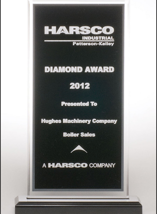 Clear acrylic award with black center and silver mirror border on a black acrylic base.