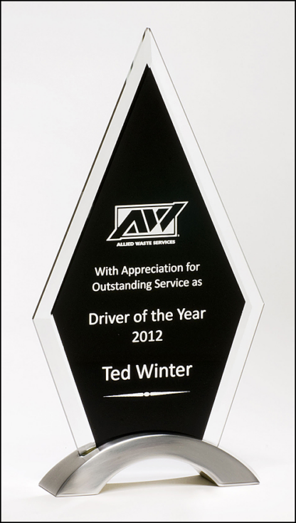 Diamond Series Award featuring a beveled glass upright on a brushed silver aluminum base.
