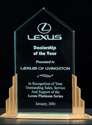 Peak Series1/2" thick polished acrylic award on a goldtone finish aluminum base.