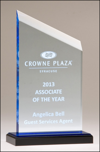 Zenith Series acrylic award.  Clear upright with blue accents, black acrylic base with blue mirror top