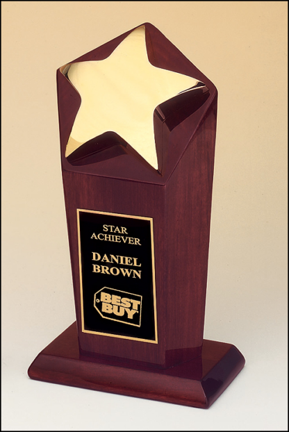 Specialty Trophy Line Polished metal goldtone star casting on rosewood stained piano finish base.