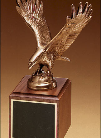 Eagle Plaques Fully modeled antique bronze eagle casting on a walnut base.