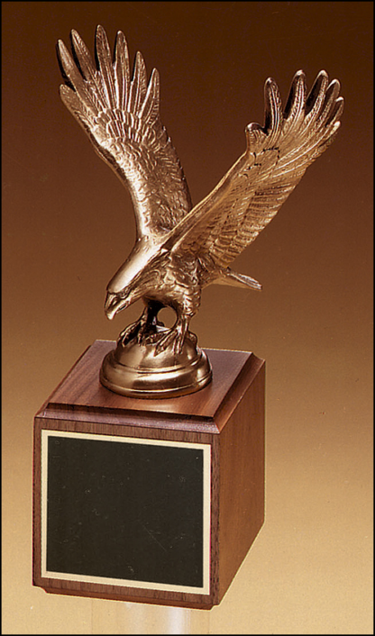 Eagle Plaques Fully modeled antique bronze eagle casting on a walnut base.