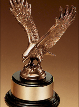 Eagle Plaques Fully modeled antique bronze eagle casting on a black wood base.