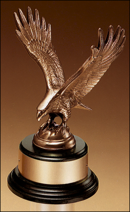 Eagle Plaques Fully modeled antique bronze eagle casting on a black wood base.