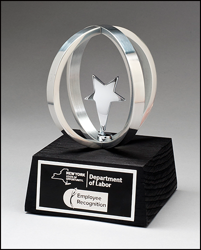 Specialty Trophy Line Chrome Plated Star in Aluminum Unisphere Natural Wood base with Black Stain