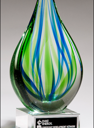 Droplet-Shaped Blue and Green Art Glass Award with Clear Glass Base
