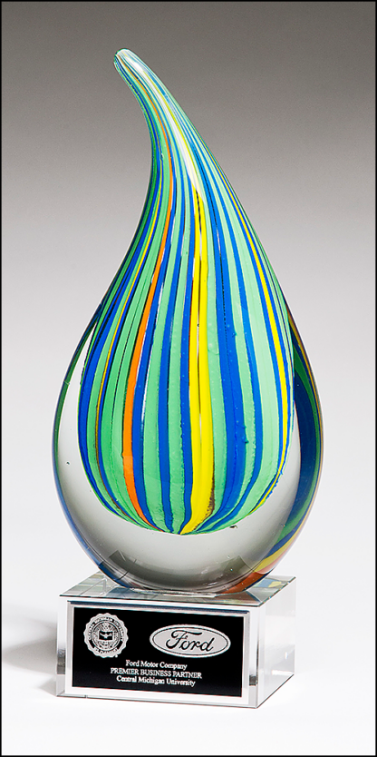Droplet-Shaped Multi-Color Art Glass Award with Clear Glass Base
