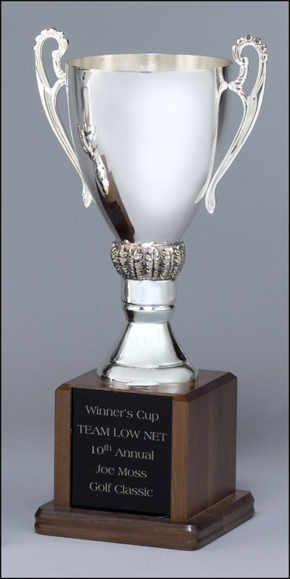 Specialty Trophy Line Silver-plated trophy cups on solid walnut bases
