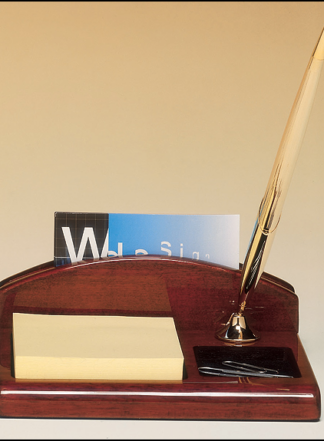 Desk Accessories Rosewood stained piano finish desk organizer with business card holder, pen and Post-It Note pad, included.