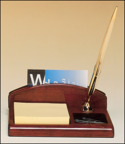 Desk Accessories Rosewood stained piano finish desk organizer with business card holder, pen and Post-It Note pad, included.