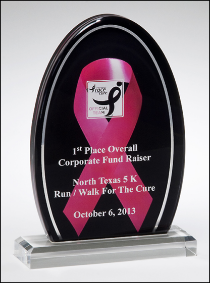 Breast cancer awareness acrylic.  Pink ribbon against a black background with a mirror silver border.