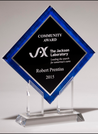 Diamond Series acrylic printed blue border, silver mirror highlights with black center and clear acrylic stand