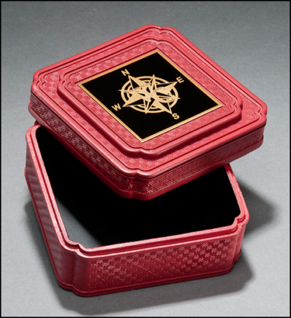 Desk Accessories Red acrylic jewelry box with ornate design, brass engraving plate