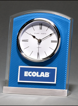 Glass Clock with Blue Carbon Fiber Design on Aluminum Base  Silver bezel, white dial, three-hand movement.