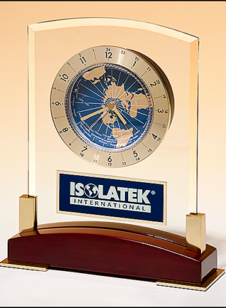 Glass Clock with World Time Dial on Piano Finish Base with Gold Metal Accents