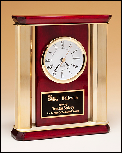 Rosewood Piano Finish Clock with Gold Aluminum Posts and Accents