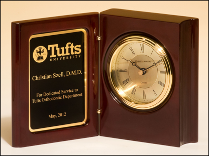High gloss rosewood piano-finish book clock with diamond-spun dial and three hand movement