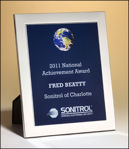 Certificate/Photo Plaques Digitally printed acrylic globe plate inside a polished silver aluminum frame