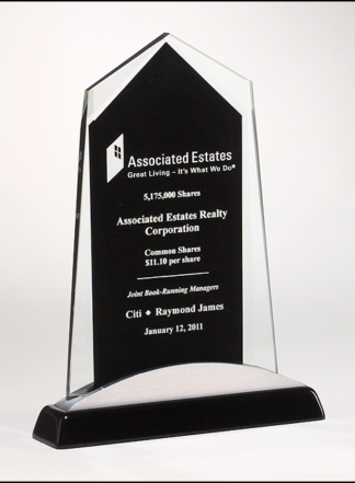 Apex Series glass award black piano-finish base with silver aluminum accent