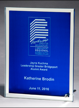 Glass plaque with blue silk screened center and mirror border