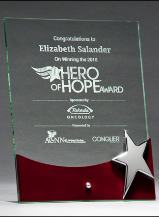 Free standing glass award with high gloss rosewood accent and silver star