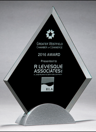 Diamond-shaped glass award with black silk screen on silver metal base