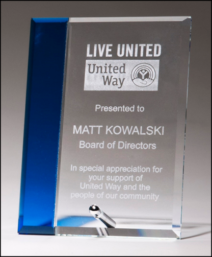 Clear glass award with sapphire blue highlight, silver plated easel post