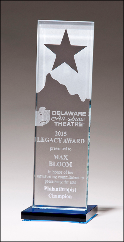 Etched clear glass award with star and mountain peak with blue glass base