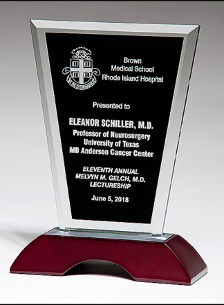 Clear Glass Award with Black Silk Screened Center on High Gloss Rosewood Base with Brushed Aluminum Top