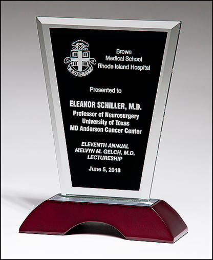 Clear Glass Award with Black Silk Screened Center on High Gloss Rosewood Base with Brushed Aluminum Top