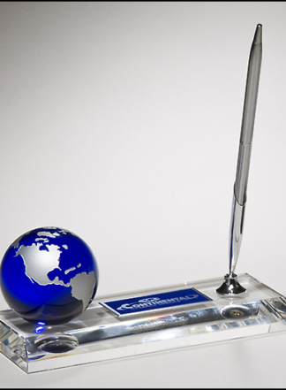 Crystal pen set with blue globe and high quality metal pen. Globe is 2-1/4 inches in diameter, unattached and sits in a recessed area.  Laser engravable aluminum plate.
