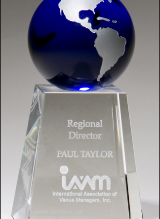 Crystal trophy with blue globe.  Globe is 2-1/4 in diameter an attached to the base. Laser engravable aluminum plate.