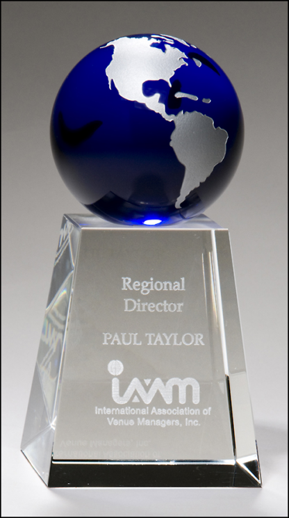 Crystal trophy with blue globe.  Globe is 2-1/4 in diameter an attached to the base. Laser engravable aluminum plate.