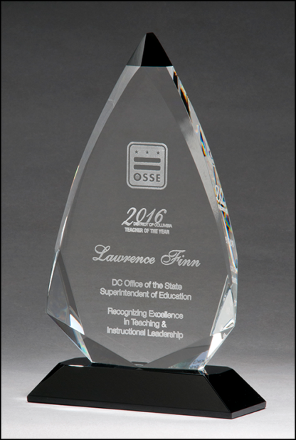 Arrow shaped crystal award with black accent on black crystal base