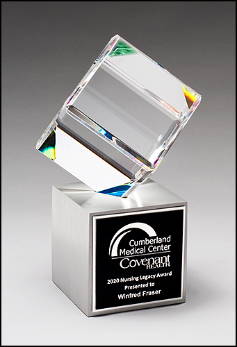 Clipped Crystal Cube with Prism-Effect Coating Mounted on Brushed Silver Metal Base