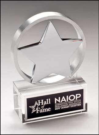 Glass Awards Chrome Plated Star Mounted on Brushed Aluminum Ring with Crystal Base