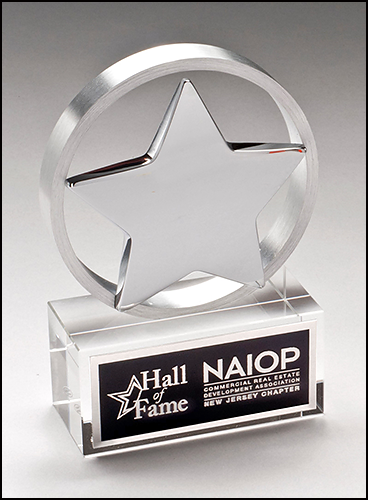 Glass Awards Chrome Plated Star Mounted on Brushed Aluminum Ring with Crystal Base