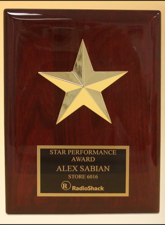 Piano Finish Plaques Star casting with gabled points Goldtone finish on rosewood piano-finish plaque
