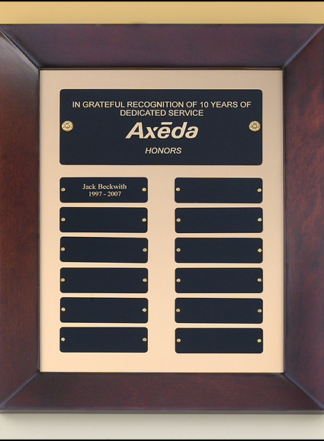 Cherry finish frame perpetual plaque with 12 black brass plates on brush metal gold background
