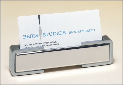 Polished silver business card holder with matte silver accents.