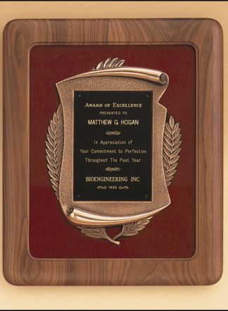 Plaques with Metal Accessories Solid american walnut Airflyte frame with a furniture finish and an antique bronze finish casting on choice of velour backgrounds.
