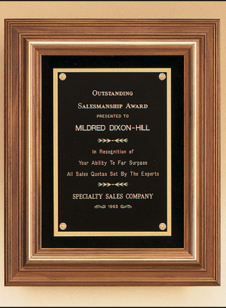 Walnut Plaques Solid American walnut framed plaque with gold trim and choice of velour background.