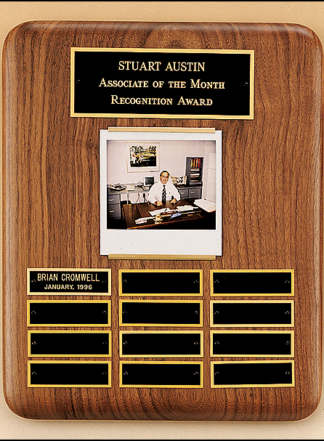 Solid American walnut Airflyte perpetual plaque with 12 plates and photograph holder.