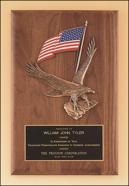 Solid American walnut Airflyte plaque with a large eagle and American flag casting.