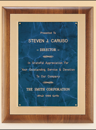 Solid American walnut plaque with a frost gold back plate with bright gold embossed frame available in 3 marble finishes.