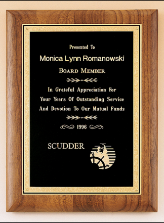 Walnut Plaques Solid American walnut plaque with engraving plate with florentine border and black textured center.