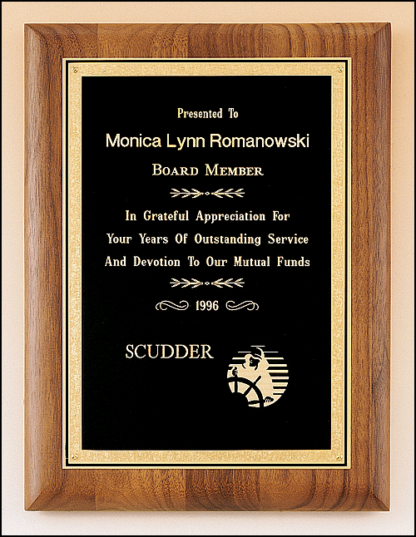 Walnut Plaques Solid American walnut plaque with engraving plate with florentine border and black textured center.