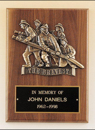 Walnut Plaques Firematic award with antique bronze finish casting.