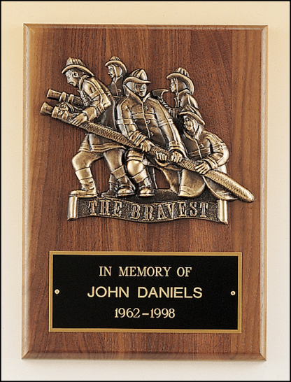 Walnut Plaques Firematic award with antique bronze finish casting.